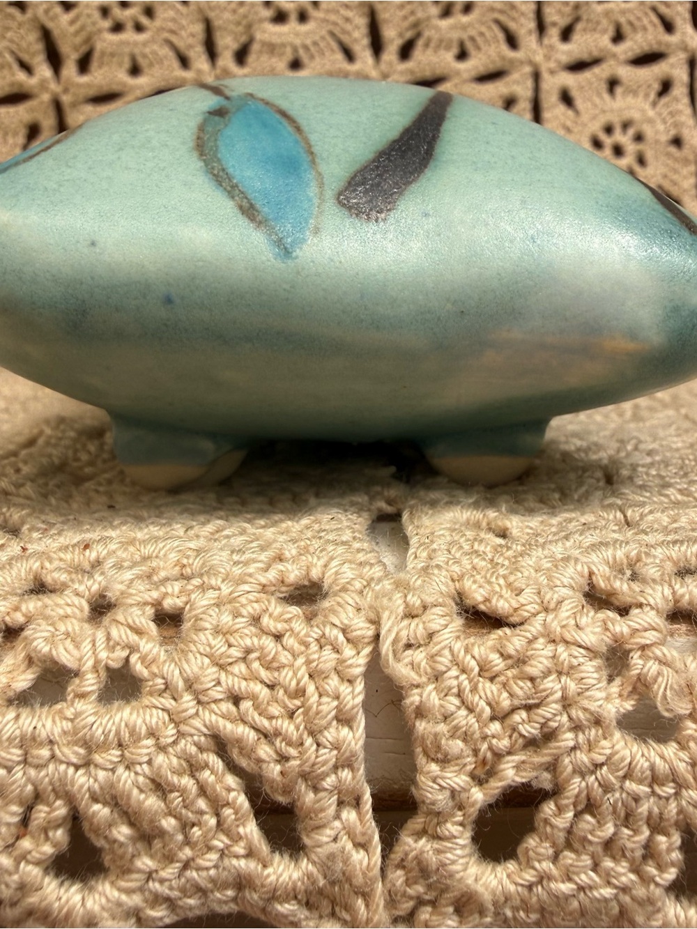 Vintage Studio Pottery Pillow Ikebana Vase Flower Frog Stamped MK Blue Teal - Picture 4 of 11
